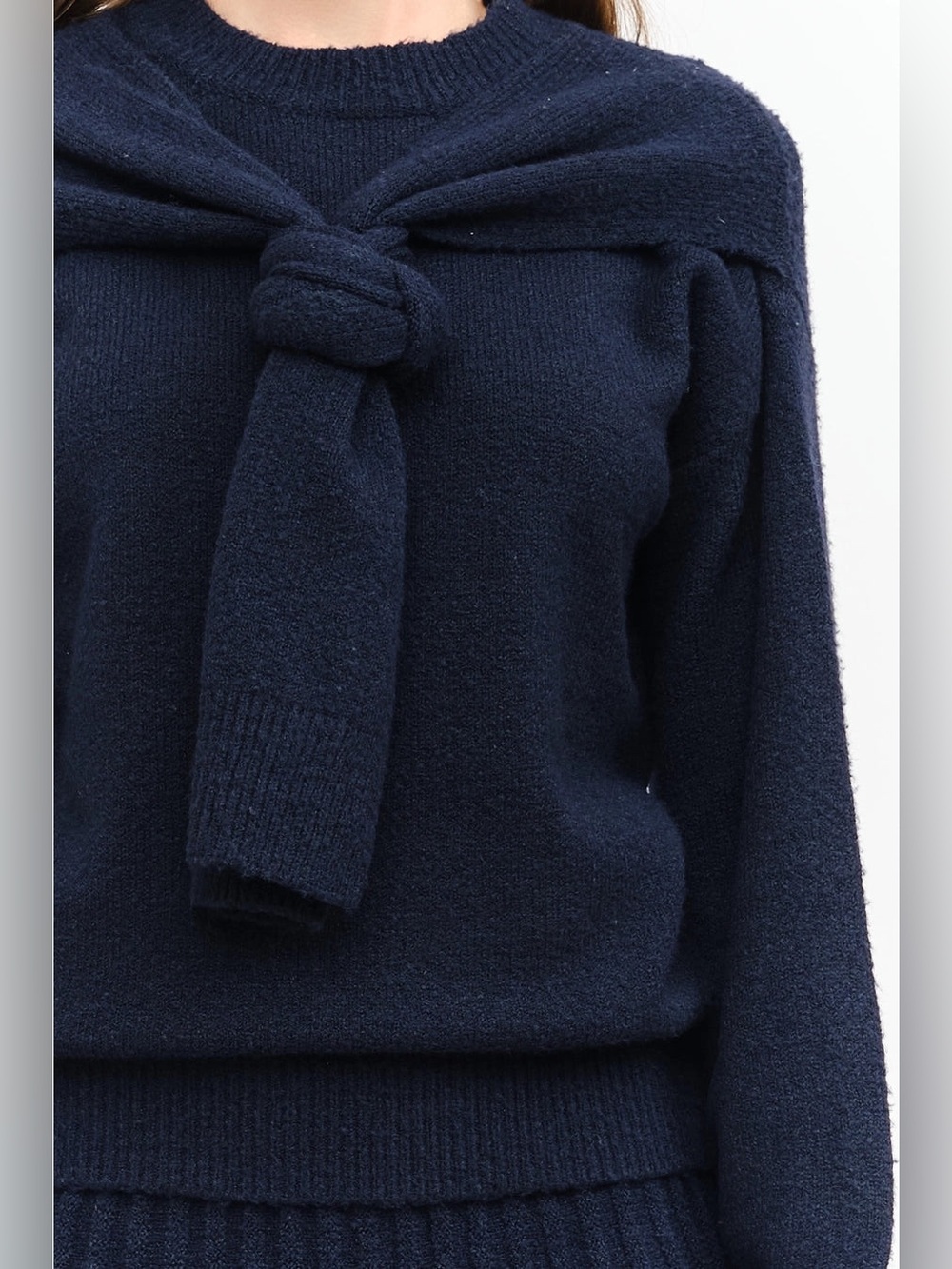 Classic Navy Crewneck Sweater with Front Tie Detail